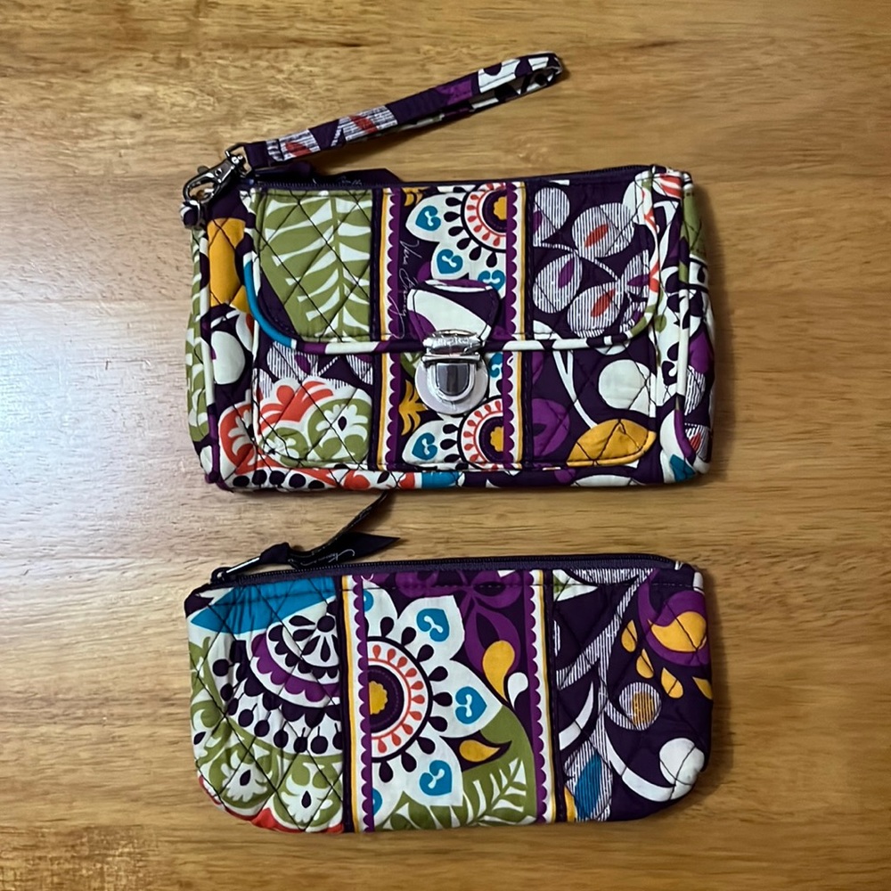 Vera Bradley Pushlock Wristlet Wallet Brush and Pencil Case Bag Plum Crazy Set